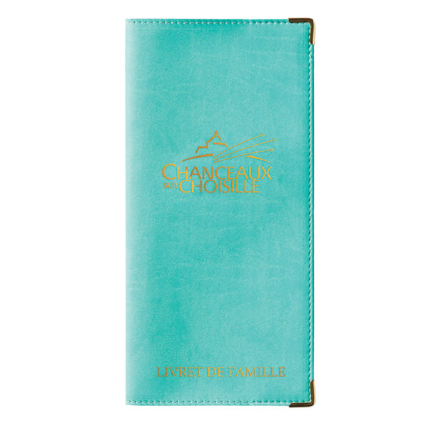 Etui de livret de famille simili-cuir bleu lagon personnalisé - dorure