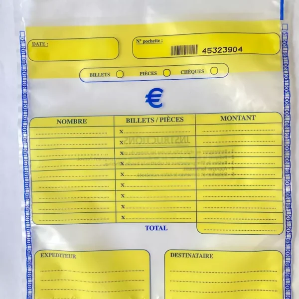 Sachet scellé sécurisé pour pièces de monnaie et billets - recto