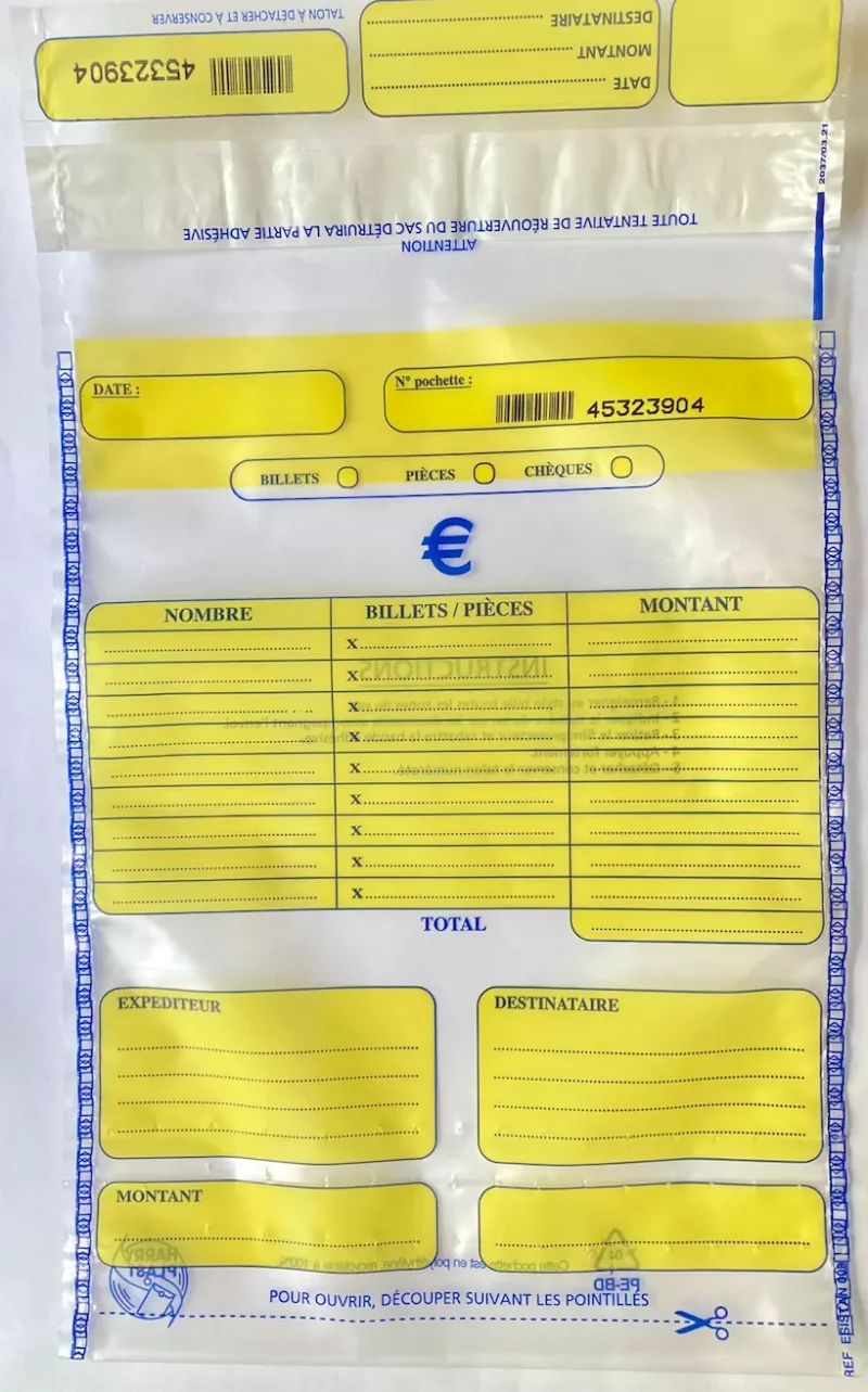 Sachet scellé sécurisé pour pièces de monnaie et billets - recto